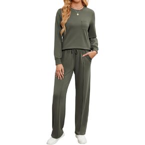 Women's 2 Piece Outfits Lounge Set, Long Sleeve Crewneck Sweatshirt Fall Drawstring Tracksuit Sweatsuit with Pockets