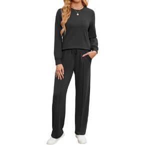 طقم ملابس نسائي مكون من قطعتين، سويت شيرت بياقة دائرية وأكمام طويلة، بدلة رياضية للخريف برباط مع جيوب in Kuwait