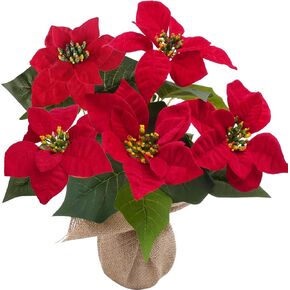 12" Christmas Tabletop Decorations Mini Christmas Tree Artificial Poinsettias Flowers Potted Plants Desktop Plants for Home Garden Table Centerpiece Window Gift Holiday Xmas Decor