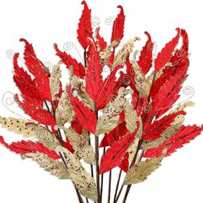 HyDren 10 Pcs 27" Christmas Glitter Leaves Large Ornaments for Christmas Tree Picks Sprays Artificial Stems Branches Twigs Sprigs Floral for Xmas Tree Wreath Garland Vase DIY Decor(Gold)