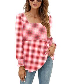 LOMON Blouses for Women Puff Long Sleeve Shirts Square Neck Cute Casual Smocked Tunic Tops Spring Fall Winter Clothes S-XL