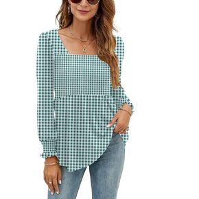LOMON Blouses for Women Puff Long Sleeve Shirts Square Neck Cute Casual Smocked Tunic Tops Spring Fall Winter Clothes S-XL