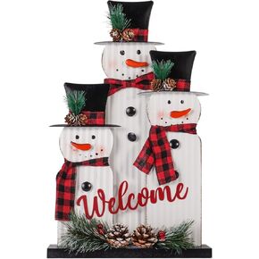 Christmas Decorations for Home Farmhouse Snowman Decoration Pinecones Merry Christmas Sign Iron Wooden Decorative Block Rustic Tabletop Xmas Party Holiday Décor Indoor Outdoor