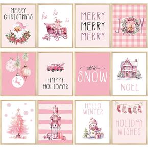 12Pcs Christmas Wall Art Prints Vintage Santa Merry Christmas Posters for Wall Decoration Pink Xmas Holiday Wall Arts Posters Winter Room Decor for Living Room Bedroom Office 8X10Inch Unframed
