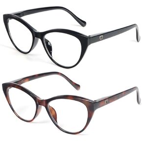 KoKoBin Cat Eye Reading Glasses for Women 2 Pairs Readers Spring Hinge With Cute Heart Frame