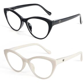 KoKoBin Cat Eye Reading Glasses for Women 2 Pairs Readers Spring Hinge With Cute Heart Frame