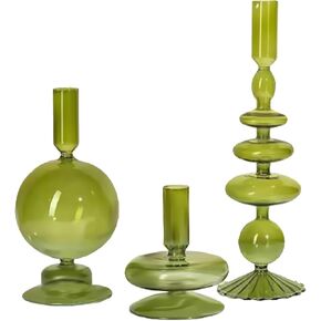 3PCS Glass Candlestick Holders, Stand Groovy Taper Candle Holders Elegant Colorful Glass Vases Decorative Candlestick Holder for Wedding Dinning Table Home Party Centerpiece Decor(S, M,(Green)