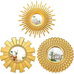 3 Pack Gold Sunburst Mirrors for Wall Decor Circle Flowers Mirrors Decorative Gold Hanging Wall Art Flowers Mirror for Home Living Dinning Room Bedroom Bathroom Entryway Boho Decoration Art