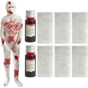 30 Yards 6 Rolls Halloween Mummy Bandage Wrap Cloth, 2Pcs Halloween Washable Fake Blood, Halloween Mummy Costumes for Adult, Mummy Mask, Halloween Party Prop Cosplay Vampire Zombie Makeup Accessories