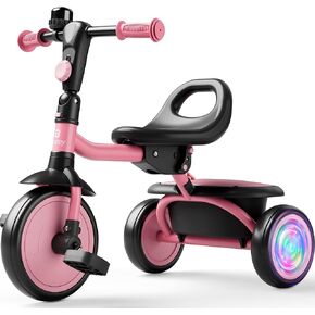 besrey Kids Tricycle with Flash Wheels for Ages 18 Months to 5 Years, Toddler Tricycle with Bell, Kids Tricycle, Gift for 2-5 Year Olds, Gift and Toy for Boys and Girls, Tricycle for Toddlers, Pink