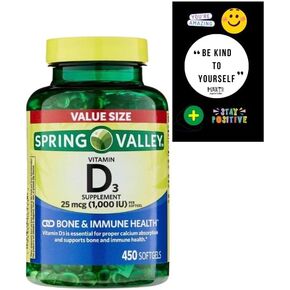 Spring Valley Vitamin D3 Supplement Softgels, 25 Mcg (1,000 IU), 450 Count and Card Gift of Maker Explorador Private Label