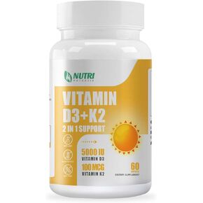 Vitamin D3 K2 with MCT Oil, Vitamin D3 5000 IU and K2 100mcg, Formula 2 in 1 for Bone and Heart Health, Gluten Free - 60 Count Softgels