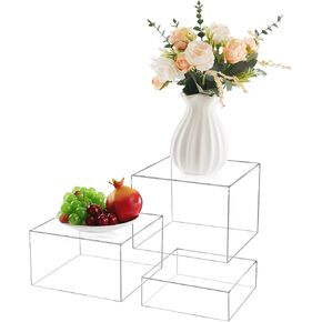 3Pcs Clear Acrylic Risers Display Stand, Buffet Risers with Hollow Bottom, Acrylic Cube Box for Figures Jewelry Perfume Handbag Food Dessert Party Show(Clear-3pcs)