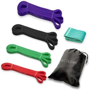 ACCELERA Pull Up Assistance Bands Bundle of 4 - Premium Latex Loop Stretch Workout/Exercise Band Mobility & Powerlifting Assist Bands for Body Fitness Training (Set of 4 Bands)