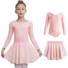 DIPUG Ballet Leotards for Girls Removable Skirt Shiny Toddler Dance Leotard Star Long Sleeve