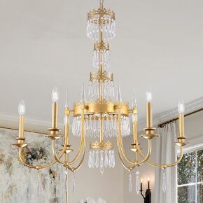 TOCHIC Crystal Chandeliers for Dining Room, 6 Lights Gold Farmhouse Chandelier, French Empire Chandelier for High Ceiling Light Fixture, Modern Chandelier for Bedroom, Kitchen, Entryway, 34" D