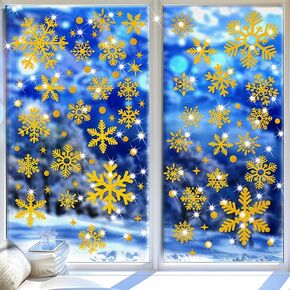 162Pcs Glitter Snowflake Window Stickers, Christmas Window Clings Anti-Collision Window Decals Save Birds Window Collisions Winter Wonderland Decorations for Home Glass Christmas Party (Gold)