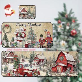 Christmas Kitchen Rugs，Christmas Santa and The House Mats Merry Christmas Kitchen Decor Washable and Non-Slip Christmas Door Mats Outside Set of 3 with a Mouse Map 47.2in/120cmx15.7in/40cm