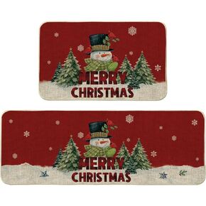Merry Christmas Kitchen mats Red Snowman Tree Kitchen Rug Antiskid Non-Slip Winter for Indoor Floor Home Living Room Kitchen Holiday Xmas Decoration 17"x29"&17"x47" Inch Set of 2