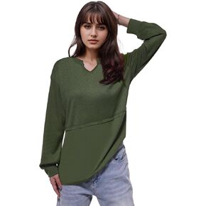 Women Waffle Knit Tops Fall V Neck T Shirt Fashion Splicing Blouses Solid Color Long Sleeves Sweatshirts
