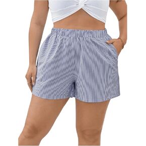 MakeMeChic Women's Plus Size Striped Shorts Elastic High Waist Track Shorts with Pocket