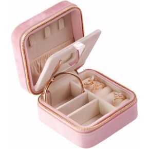Velvet Jewelry Box, Small Travel Jewelry Organizer, Portable Jewelry Case for Women with Mirror, Green Mini Plush Travel Box