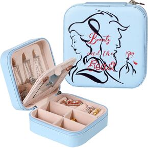 CORACIK Travel PU Jewelry Box Small Jewelry Organizer Storage Case for Her Womens Beauty Beast Earring Necklace Rings Bracelets Storage Box With Mirror Valentine's Day Christmas (Blue)