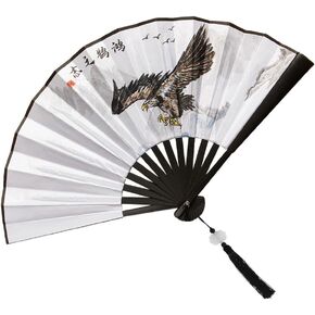Folding Hand Fan,Handheld Foldable Fan Vintage Silk Black Chinese Japanese Style Fan with Tassels for Dance Music Festival Party (loong)