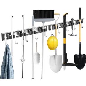 Broom Holder 2 Pack, Broom Hanger Wall Mount for Garage Organization, Garden Tool Organizer 4 Racks with 5 Hooks, Broom Rack for Rakes, Shovels with Screws