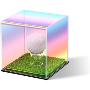 Iridescent Acrylic Golf Ball Display case with Grass pad Clear Laser Golf Ball case Hole in one Golf Ball Display case Golf Ball Holder for Single Ball Souvenir Golfball Collections Display