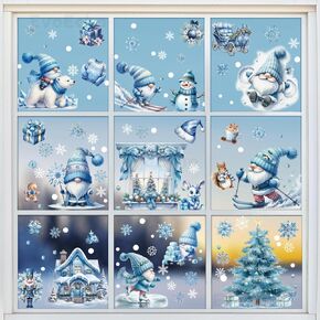 116 Pcs Blue Gnomes Glass Clings Stickers Christmas Window Decals Double Printed PVC Stickers Decorations Xmas Reusable Cute Gnomes Snowflake Snowman Winter Decor