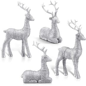Thyle 4 Pcs Christmas Resin Sitting Standing Deer Statue Silver Glitter Reindeer Figurines Deer Decorations for Home Indoor Rustic Christmas Home Decor Statue Small Reindeer Sculpture