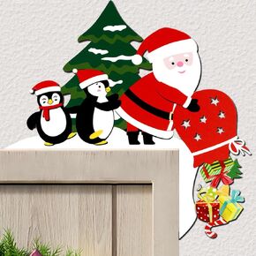 Christmas Door Topper Decorations,Wooden Santa Claus and Penguins Sign Decor for Front Door Photo Window Mantle TV Computer Frame Corner Red White Green