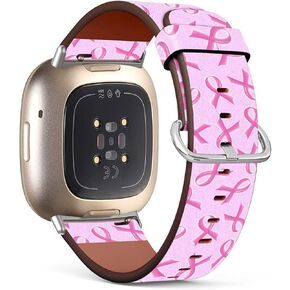 Compatible with Fitbit Sense 2 / Sense/Versa 4 / Versa 3 Patterned Leather Replacement Band (Pink Ribbon Against Breast Cancer Symbol)
