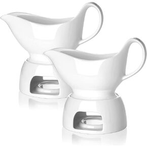 Nucookery Large 18 Oz Gravy Boat with Warmer, White Fine Porcelain Saucier With Big Dripless Lip Spout, Gravy Bowl For Thanksgiving, Warming Sauces, Salad Dressings, Microwave & Freezer Safe(Set of 2)