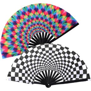 2 PCS Large Folding Fan Bamboo Folding Hand Fan, Rave Fan Clack Folding Hand Fan Chinese/Japanese Nylon-Cloth Folding Fan for Festival, Dance, Performance, Party, Gift, Decoration(Sky)
