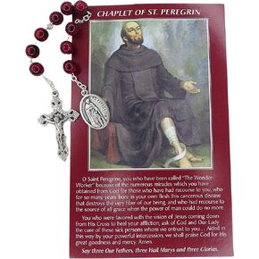 Pocket Prayers and Rosaries, Saint Peregrine Catholic Prayer Card and Rosary Gift Set, Chaplet with Red Beads, Full Color Medal, and Crucifix, 5.75 Inches