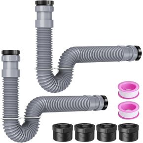 Flexible P-Trap Kit for Kitchen and Bathroom Sinks - 2 Pack, Adjustable Drain Pipe with Adapter Seal Ring, Expandable 1 1/2" or 1 1/4" P-Trap Pipe, Ideal for Drainage Solutions - Gray