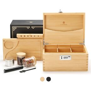 GLENCREAG Stash Box with Rolling Tray, Smell Proof Large Bamboo Storage Box with Lock, Decorative Box Set Includes Glass Jars & Grinder, Great Gift