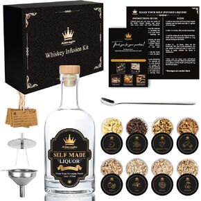 Whiskey Infusion Kit Gift for Men | DIY Whiskey Set to Create Own Flavor | Includes 4 Wood Chips, 4 Ingredients, Complete Tools, and Infusion Recipes, Unique Gifts for Him (Alcohol Not Included)