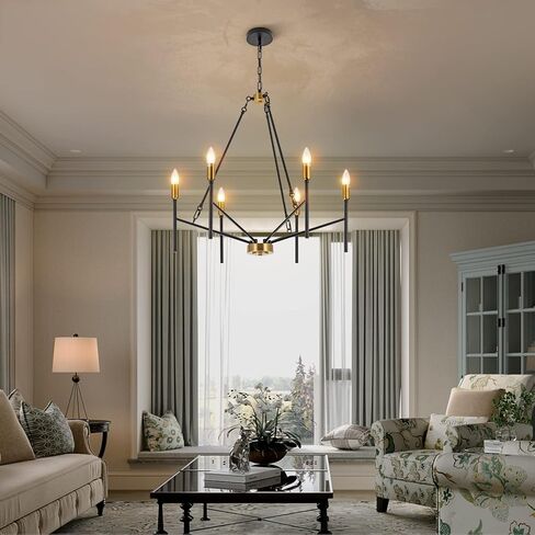Modern Candle Chandelier 6-Light Black and Gold Industrial Chandelier Large Farmhouse Pendant Light Iron Hanging Chandelier for Living Room Dining Room Foyer Corridors in Saudi Arabia
