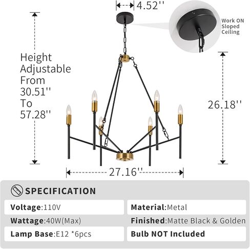Modern Candle Chandelier 6-Light Black and Gold Industrial Chandelier Large Farmhouse Pendant Light Iron Hanging Chandelier for Living Room Dining Room Foyer Corridors in Saudi Arabia
