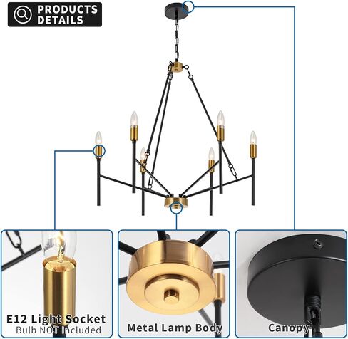 Modern Candle Chandelier 6-Light Black and Gold Industrial Chandelier Large Farmhouse Pendant Light Iron Hanging Chandelier for Living Room Dining Room Foyer Corridors in Saudi Arabia