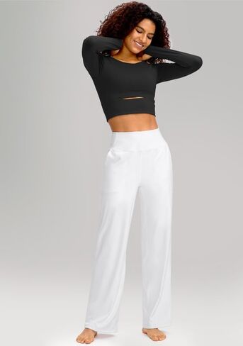 سراويل Soothfeel واسعة الساق للنساء، سراويل عمل اليوغا مع جيوب، سراويل رياضية عالية الخصر، سراويل صغيرة/طويلة 30 بوصة (أبيض، XXL) in Kuwait