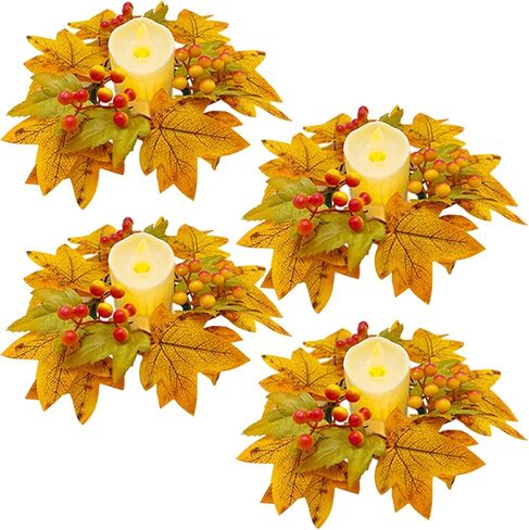 4 Pcs Fall Candle Rings Wreaths Artificial Maple Leaves Candle Wreath with Berries or Pumpkin Autumn Pillar Candle Rings Garland for Thanksgiving Centerpieces(orange) in Saudi Arabia