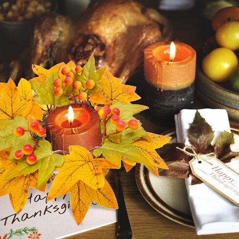 4 Pcs Fall Candle Rings Wreaths Artificial Maple Leaves Candle Wreath with Berries or Pumpkin Autumn Pillar Candle Rings Garland for Thanksgiving Centerpieces(orange) in Saudi Arabia