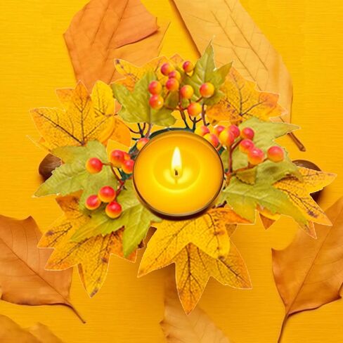 4 Pcs Fall Candle Rings Wreaths Artificial Maple Leaves Candle Wreath with Berries or Pumpkin Autumn Pillar Candle Rings Garland for Thanksgiving Centerpieces(orange) in Saudi Arabia