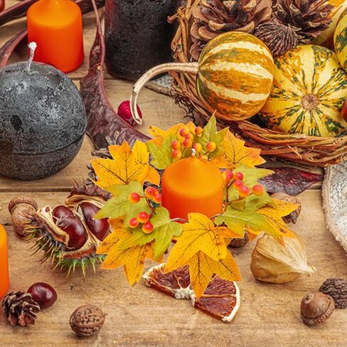 4 Pcs Fall Candle Rings Wreaths Artificial Maple Leaves Candle Wreath with Berries or Pumpkin Autumn Pillar Candle Rings Garland for Thanksgiving Centerpieces(orange) in Saudi Arabia