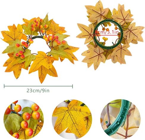 4 Pcs Fall Candle Rings Wreaths Artificial Maple Leaves Candle Wreath with Berries or Pumpkin Autumn Pillar Candle Rings Garland for Thanksgiving Centerpieces(orange) in Saudi Arabia