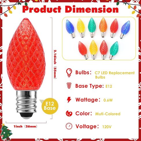 25 حزمة C7 LED لمبات عيد الميلاد، متعددة الألوان C7 مصابيح كهربائية مقاومة للماء، في الهواء الطلق شاتيربروف C7 سلسلة ضوء استبدال مصابيح LED، خمر LED E12 لمبات الشمعدانات لشجرة عيد الميلاد ديكور الهالوين in Saudi Arabia